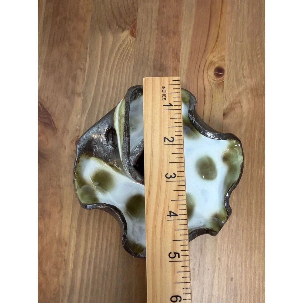 Studio Pottery Signed Chamberstick Candle Holder Polka Dot Brown White Green